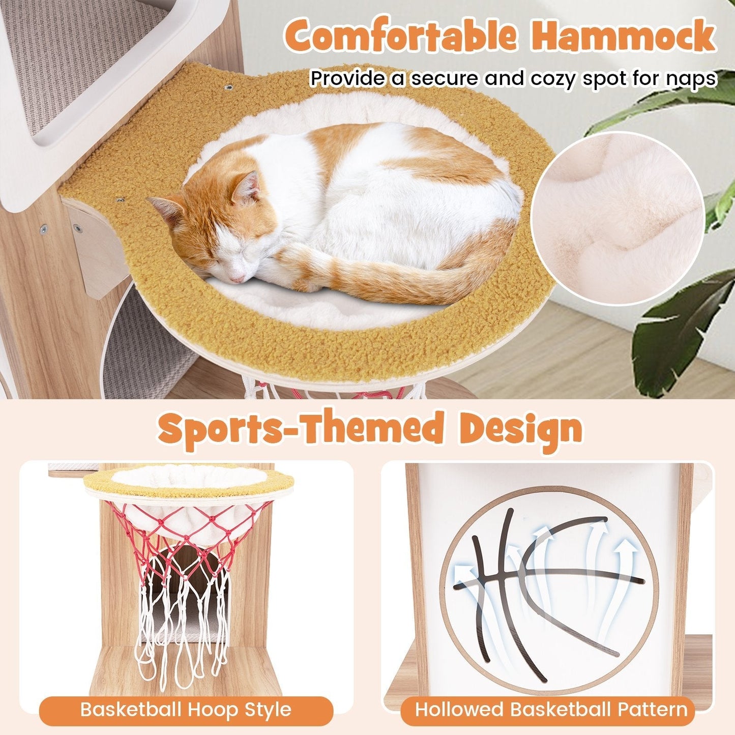 5-Layer Sports-Themed Cat Tower with 2 Cat Condos and Basketball Hoop Hammock-Natural
