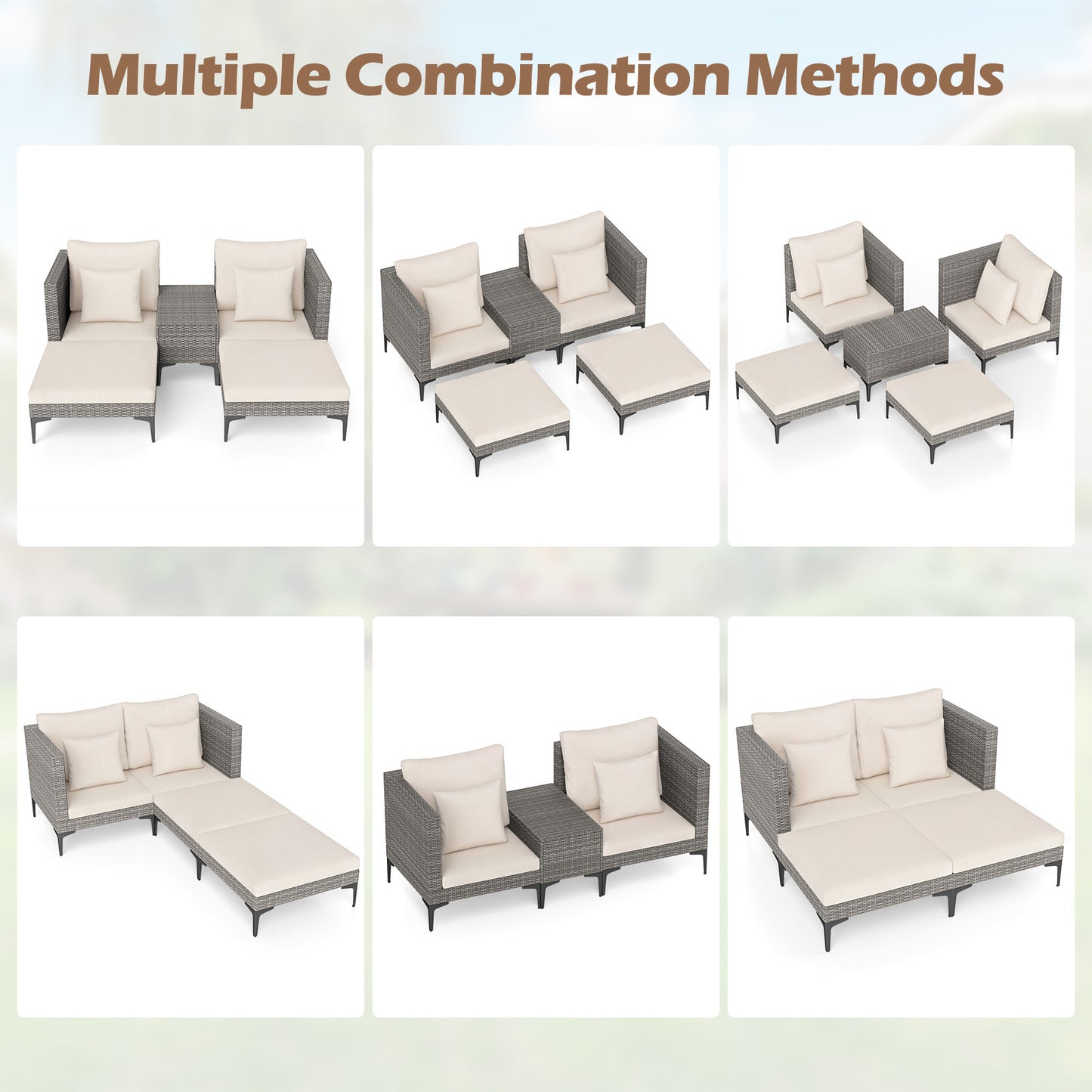 5-Piece Patio Conversation Set with 2 Armchairs 2 Ottomans and Side Table-Beige