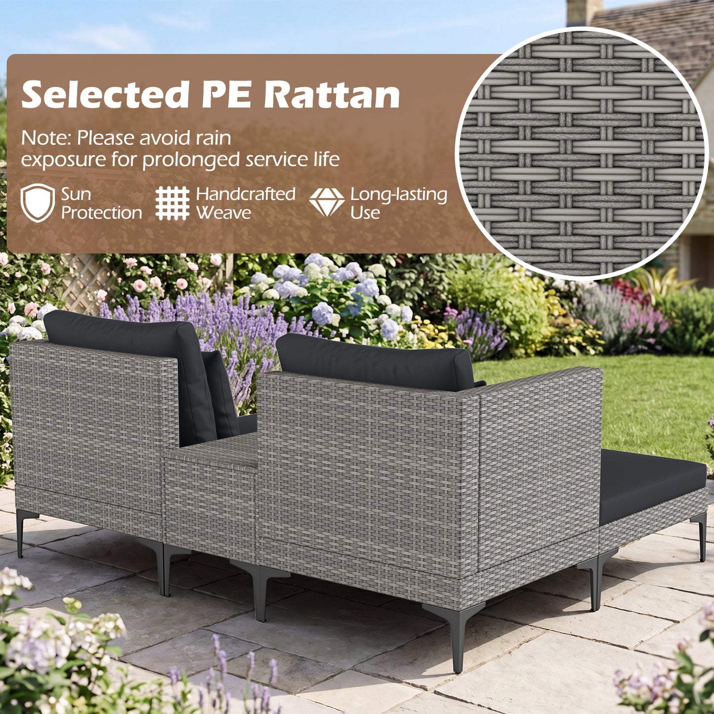 5-Piece Patio Conversation Set with 2 Armchairs 2 Ottomans and Side Table-Dark Grey