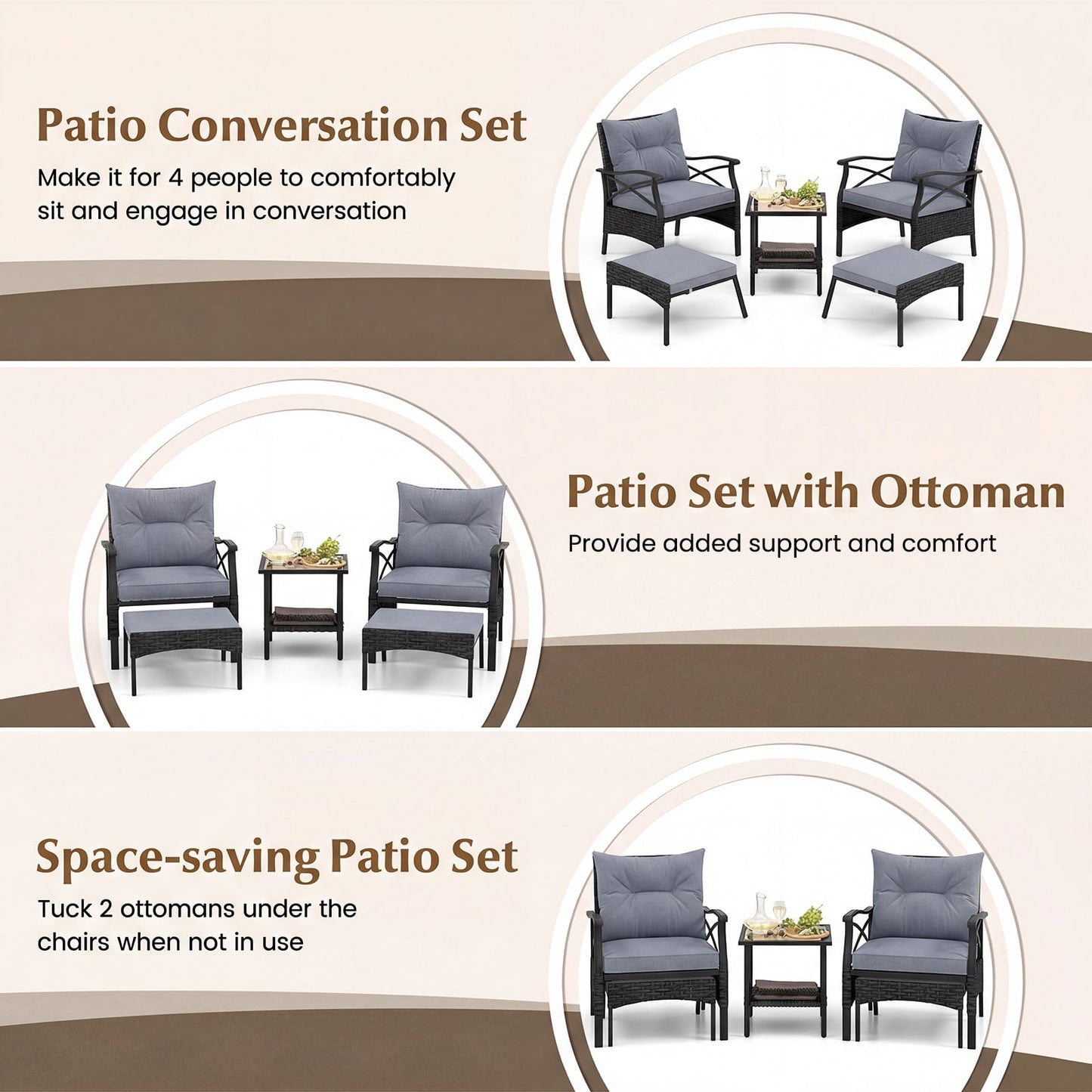 5 Piece Patio Furniture Set with Soft Seat and Back Cushions Included-Grey