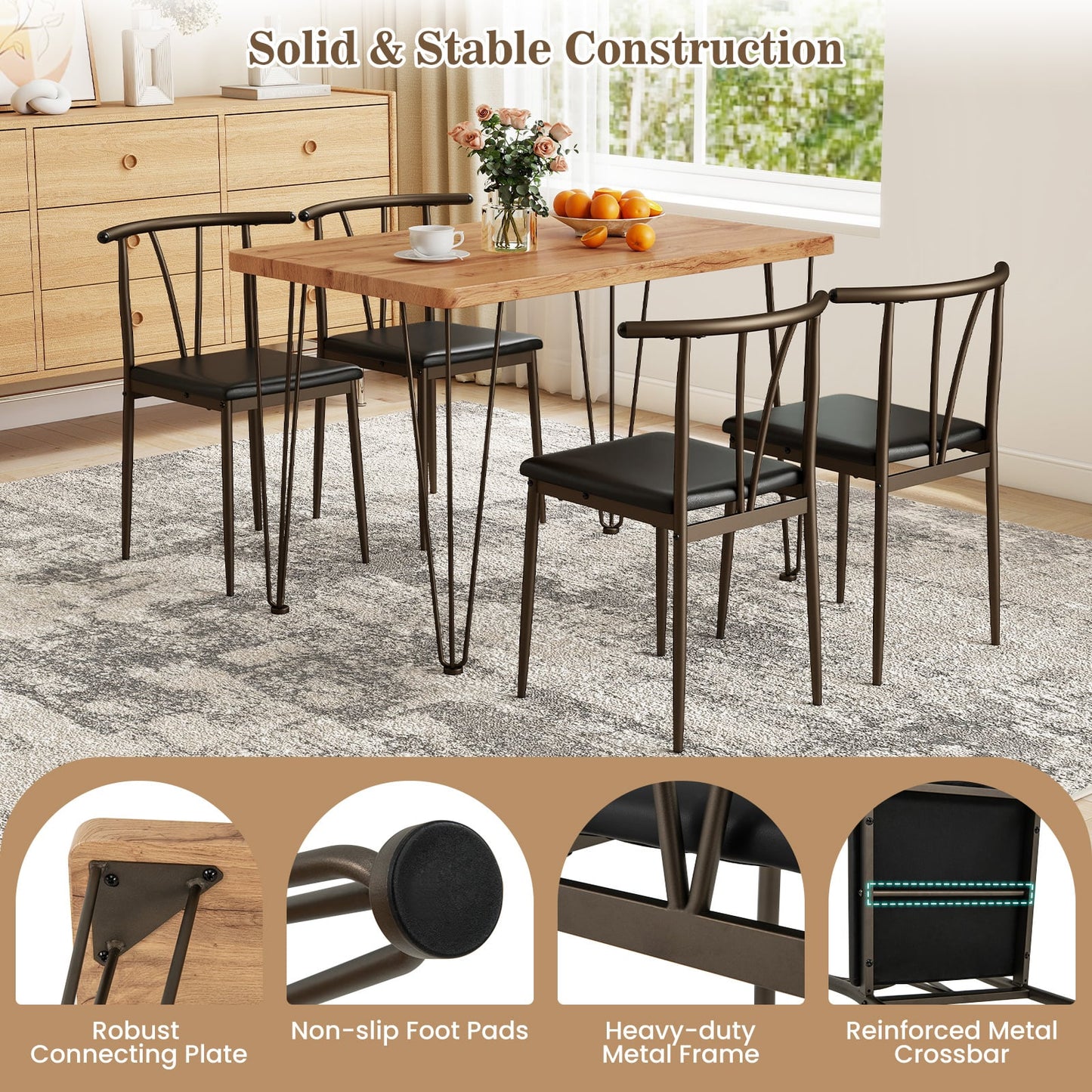 5-Piece Dining Table Set wuth Upholstered Seat and Metal Frame-Coffee