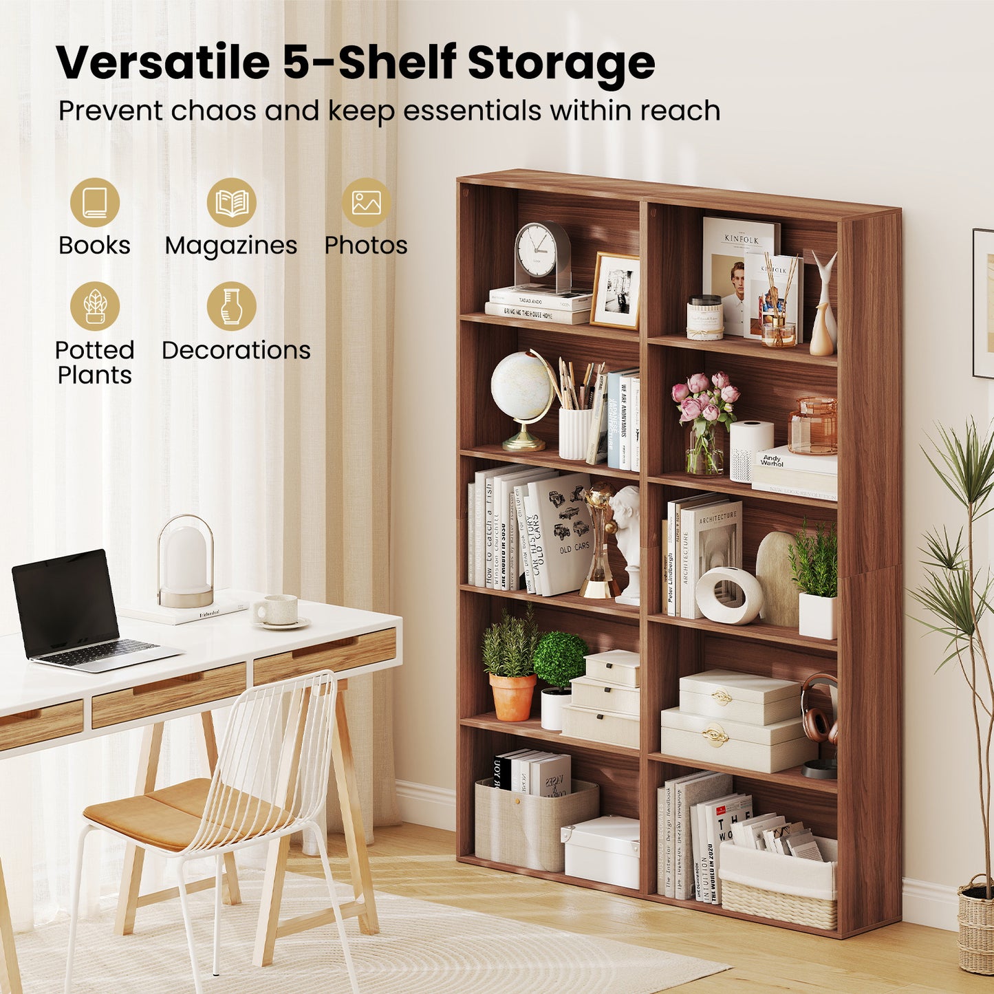 5-Tier Bookshelf with Freestanding Display Shelf and Storage Organizer for Living Room-Brown