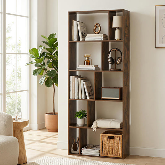 5-Tier Geometric Bookshelf with 10 Open Cubbies-Rustic Brown