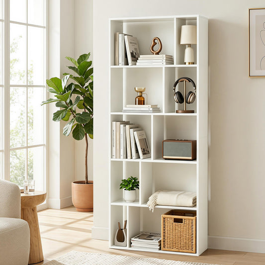 5-Tier Geometric Bookshelf with 10 Open Cubbies-White