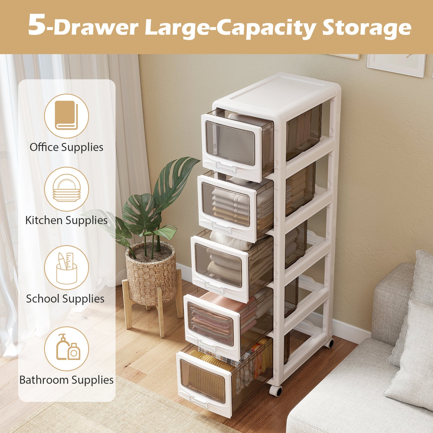 5-Tier Plastic Drawer Storage Organizer Rolling Cart with 5 Drawers