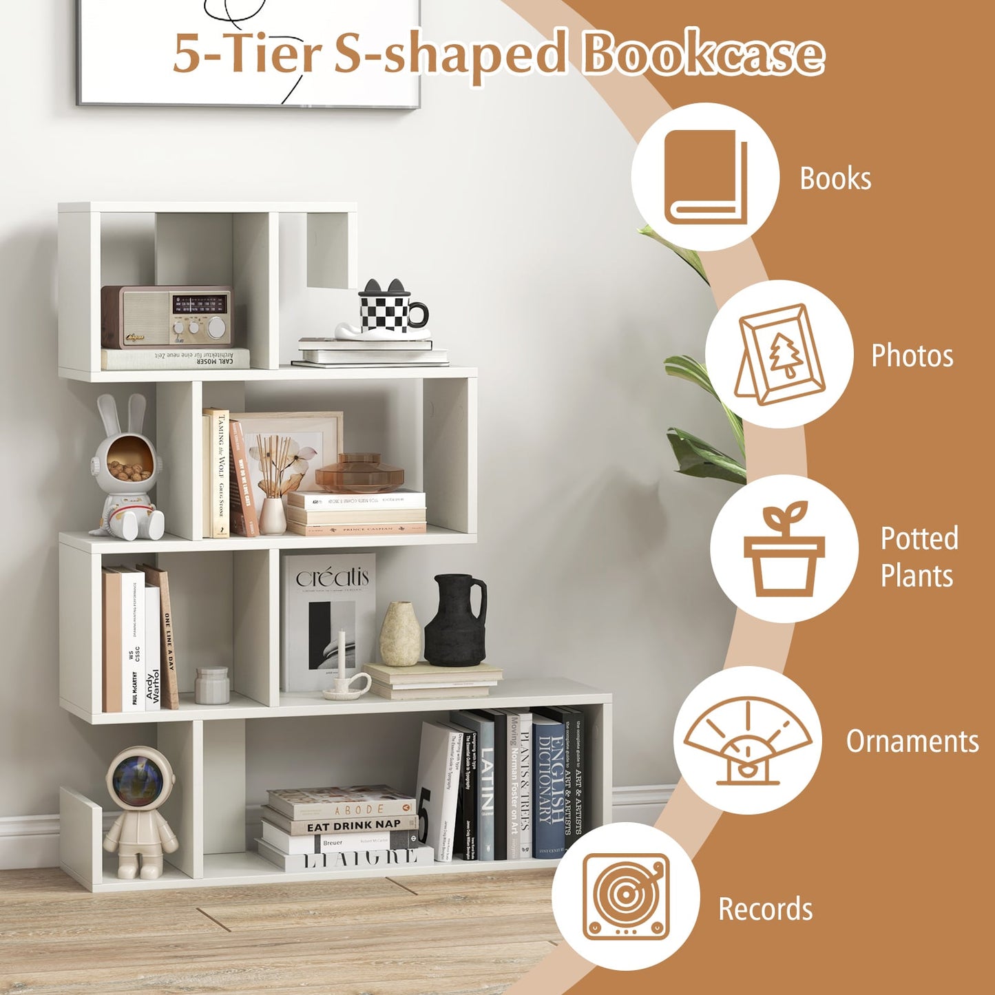 5-Tier S-Shaped Bookshelf with Open Cubes and Anti-Toppling Kits-White