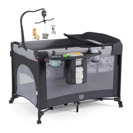 5 in 1 Baby Pack and Play Infant Bedside Sleeper with Mattress-Black