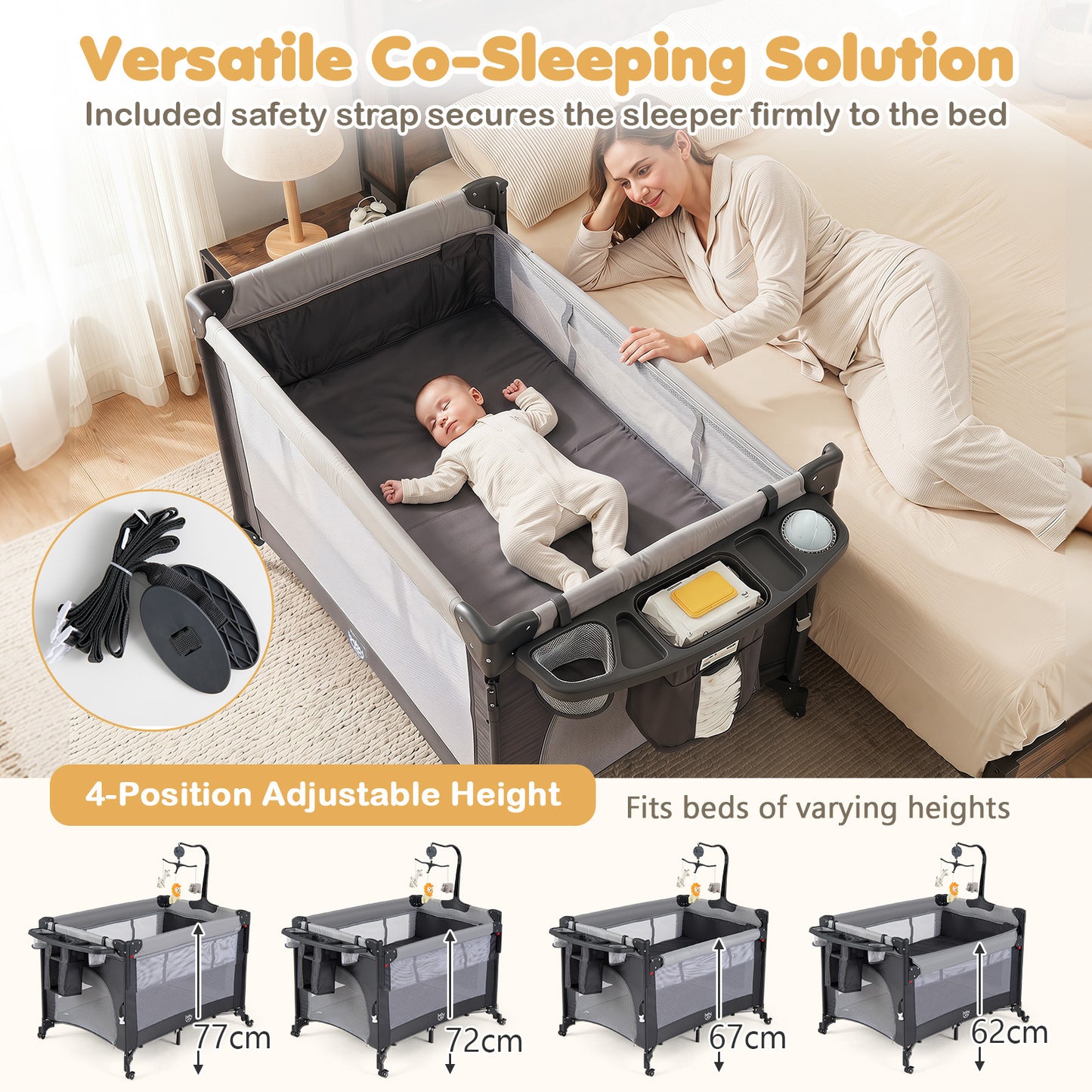 5 in 1 Baby Pack and Play Infant Bedside Sleeper with Mattress-Black