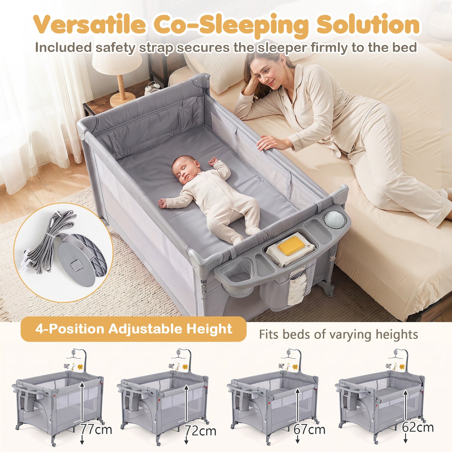 5 in 1 Baby Pack and Play Infant Bedside Sleeper with Mattress-Grey