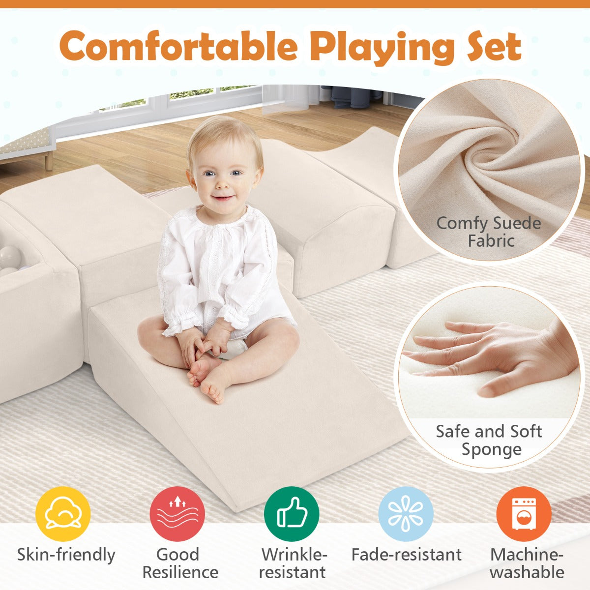 5-Piece Climb and Crawl Playset with Ball Pit for Kids-Beige