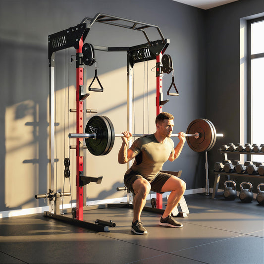 SPORTNOW Power Cage Smith Machine, Power Rack with Adjustable Cable Pulley System, Pull-Up Bar, Dip Station, Landmine