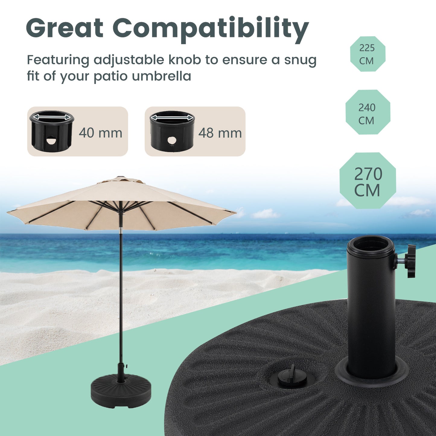 51 CM Round Patio Umbrella Base Fillable Stand with 2 Couplers-Black