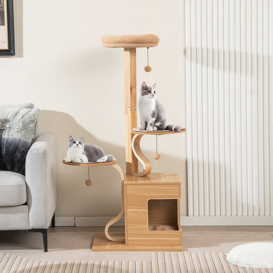 51 inches Wooden Cat Tree with Solid Wood Post and Curved Plywood Frame-Natural
