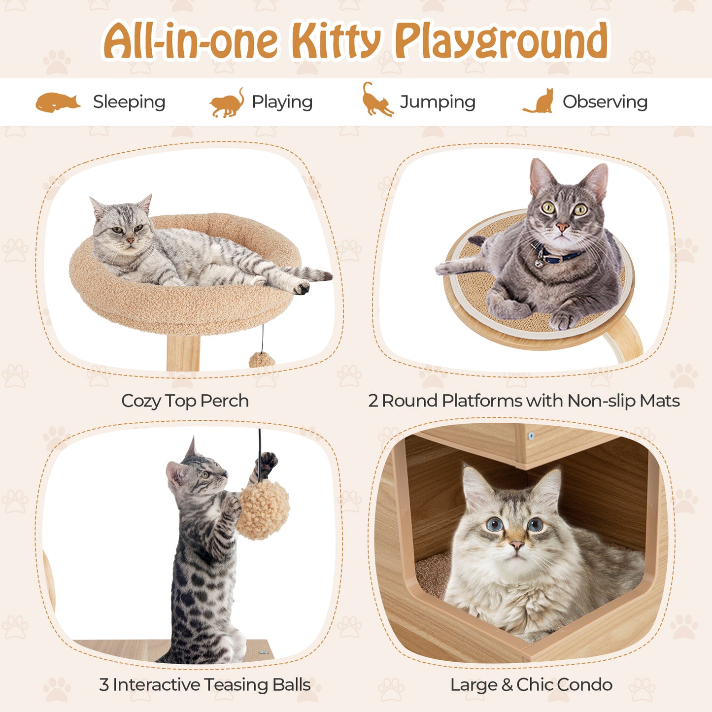 51 inches Wooden Cat Tree with Solid Wood Post and Curved Plywood Frame-Natural