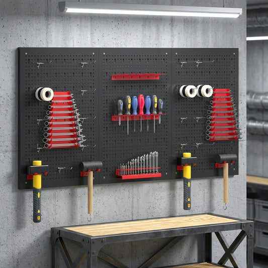 HOMCOM 28 Pcs Wall-Mounted Pegboard with 3 Boards, Garage Tool Storage Unit Black and Red