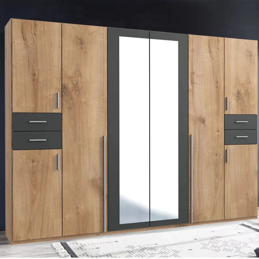 FENTON 6 Door Mirrored Wardrobe Oak and Graphite 270cm