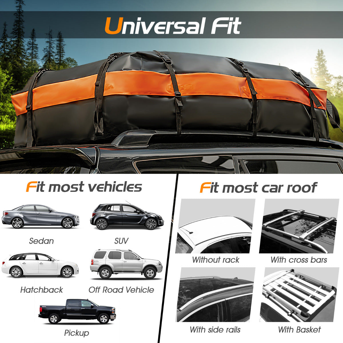 Waterproof roof box with 600 L capacity for all vehicles 132x100x43cm Black+Orange
