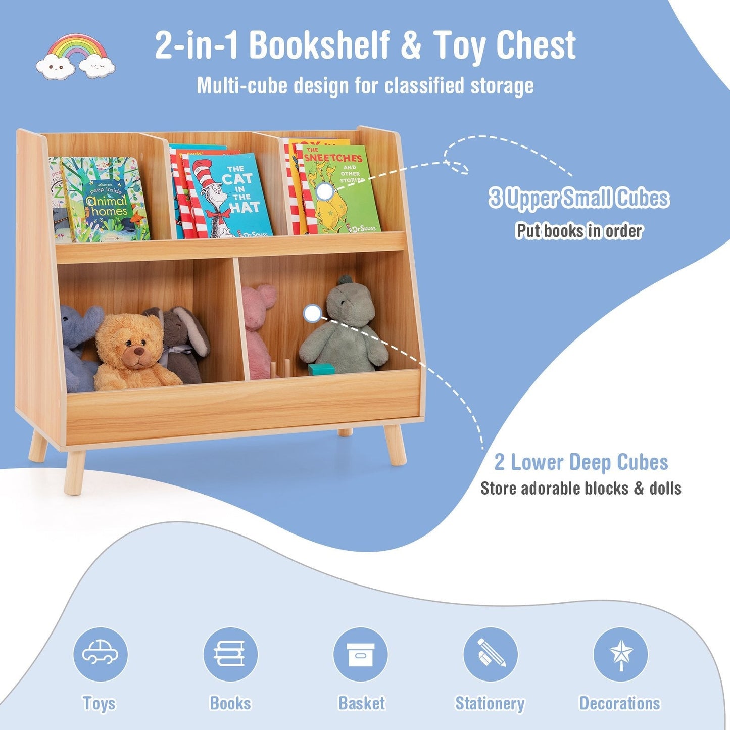 5-Cube Kids Bookshelf and Toy Organizer with Solid Wood Legs and Anti-Tipping Kits-Natural