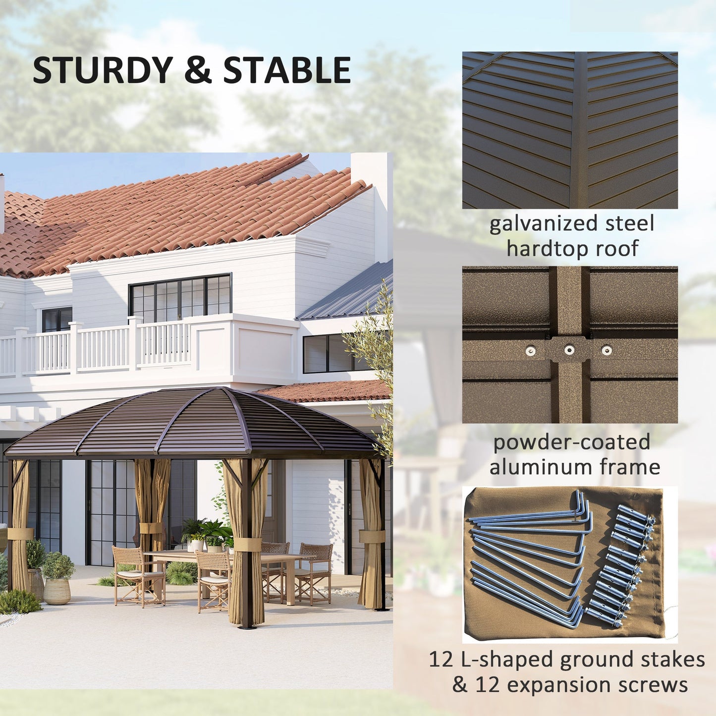 Outsunny 3 x 4m Hardtop Gazebo Canopy with Metal Roof, Aluminium Gazebo Permanent Pavilion with Netting and Curtains, Brown