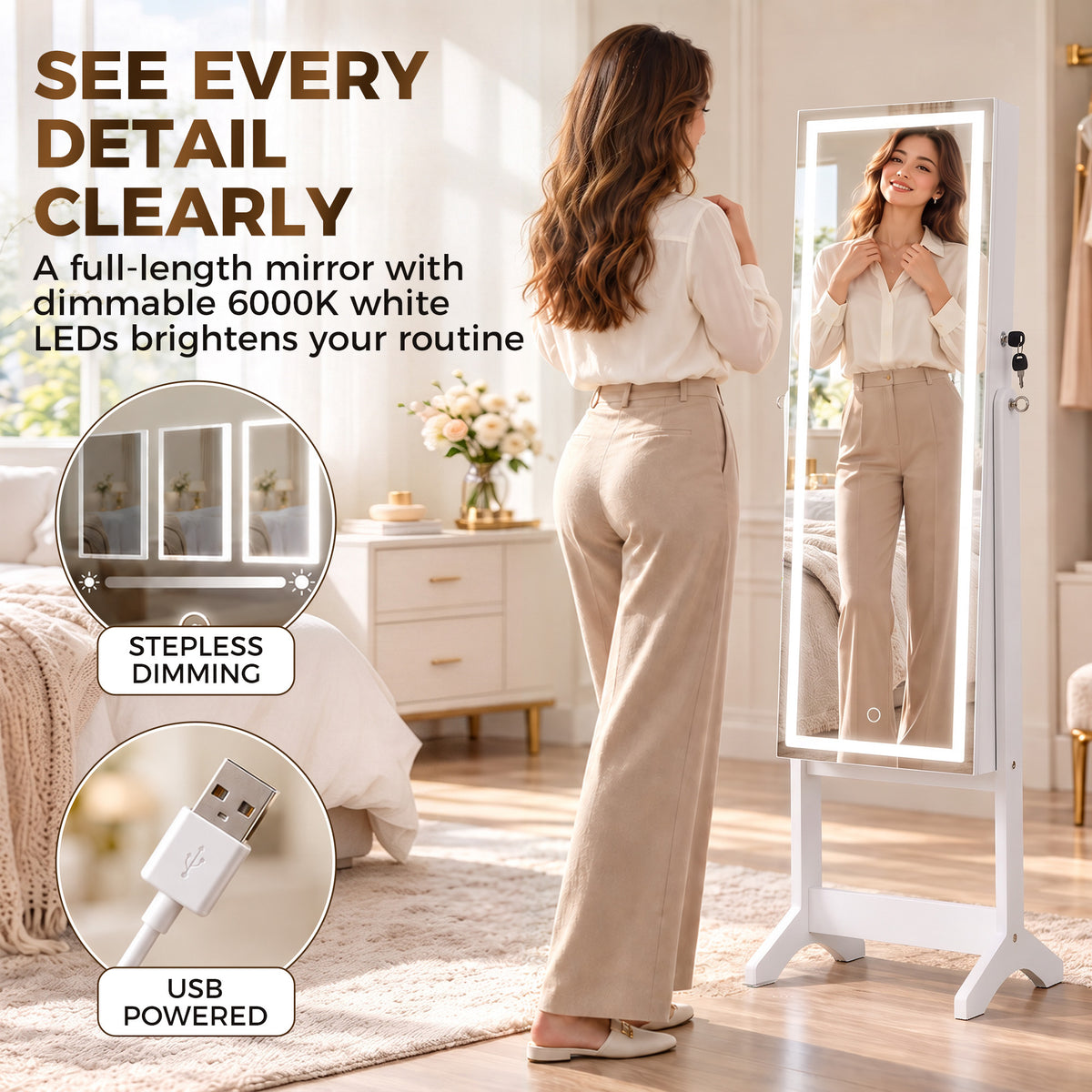 HOMCOM Mirror Jewelry Cabinet with LED Light, Freestanding Lockable Full Length Mirror with Storage, 3 Angles Adjustable, White