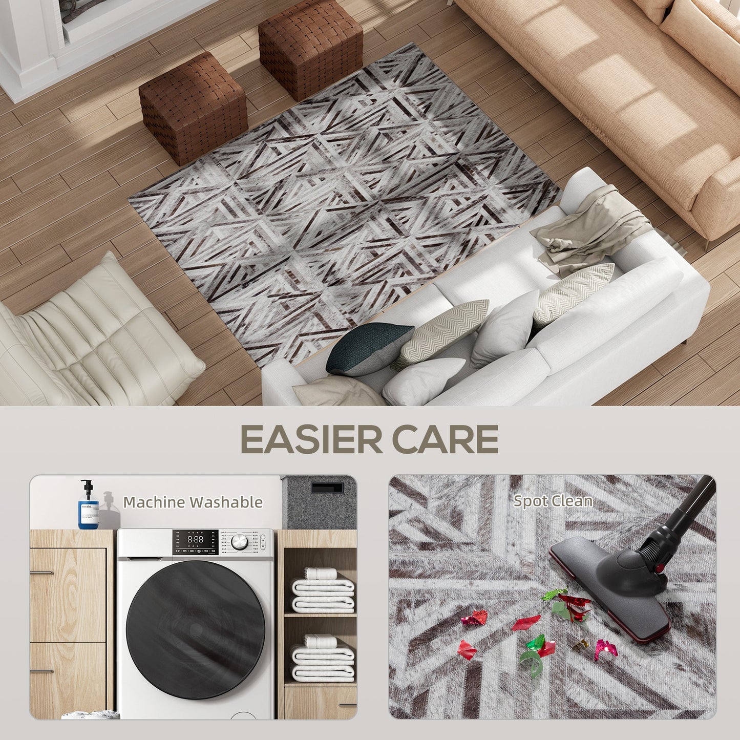 HOMCOM Modern Area Rug, Triangle Pattern Non-Slip Washable Rug, Chenille Floor Carpet for Living Room, Bedroom, Dining Room, Home Office, 170 x 120 cm, Brown