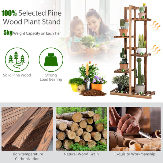 5-Tier Wood 6 Pots Plant Stand Free-standing Display Shelf