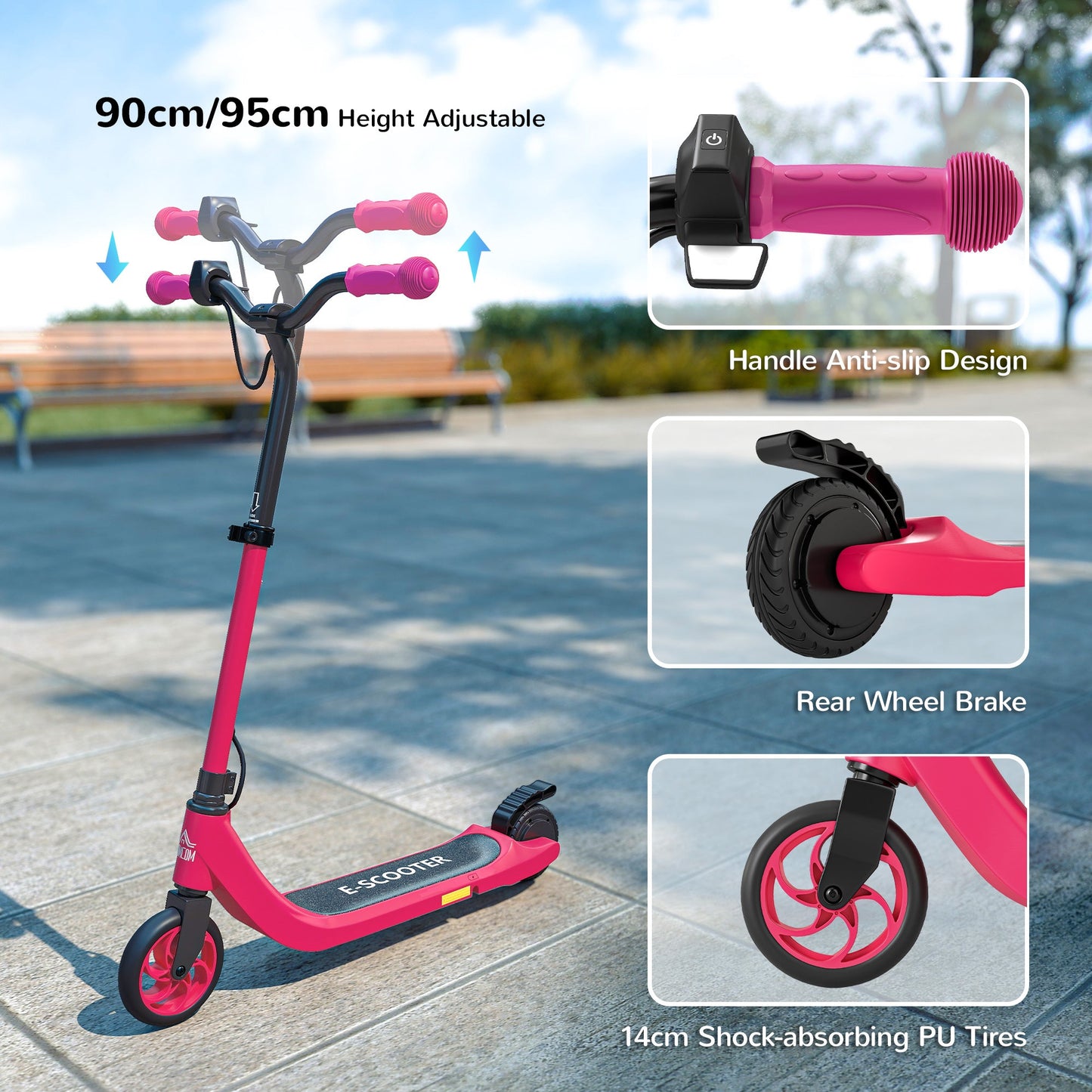 HOMCOM Electric Scooter, 120W Motor E-Scooter, Adjustable Height, Rear Brake for Ages 6+ Years - Pink