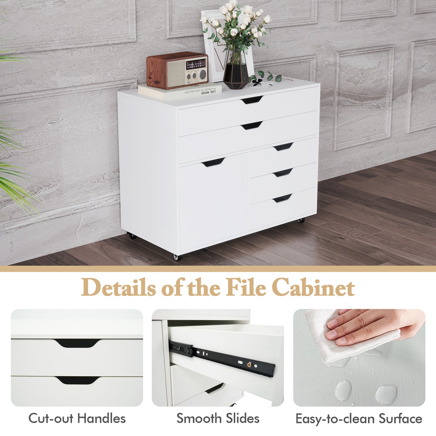 5-Drawer Chest with Door Mobile Chest of Drawers with 5 Casters-White