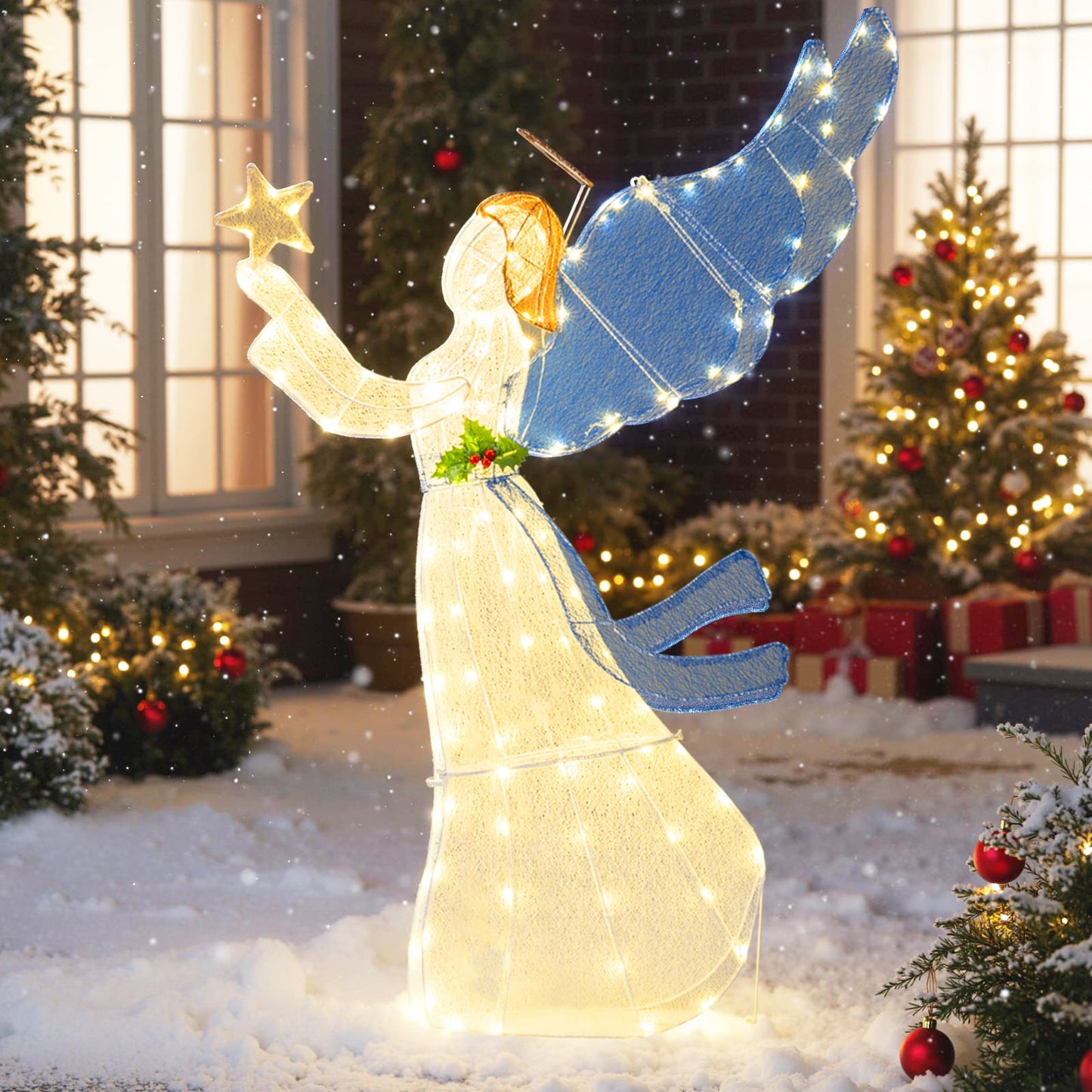 5 FT Lighted Angel Christmas Decoration 3D Pre-Lit Halo Angel Holding Star