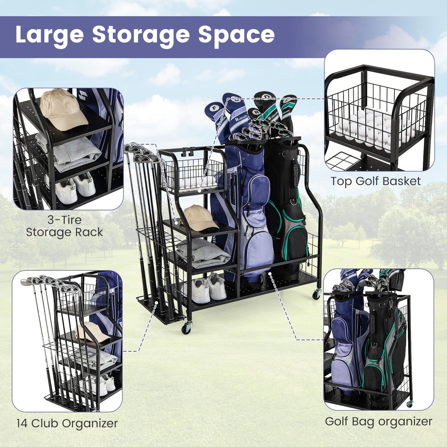 5-In-1 Golf Bag Storage Organizer with Storage Basket-Black