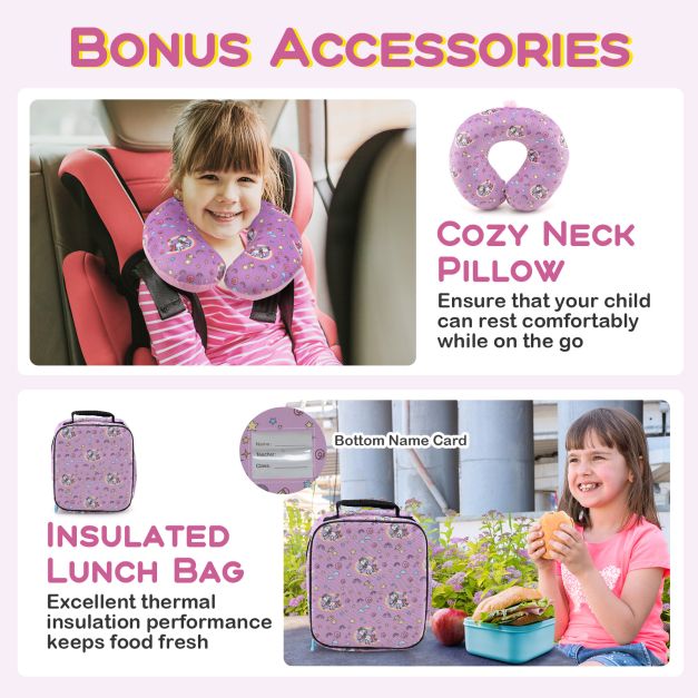 5 Piece Kids Luggage Set with Backpack, Neck Pillow, Name Tag, Lunch Bag-Hot Pink