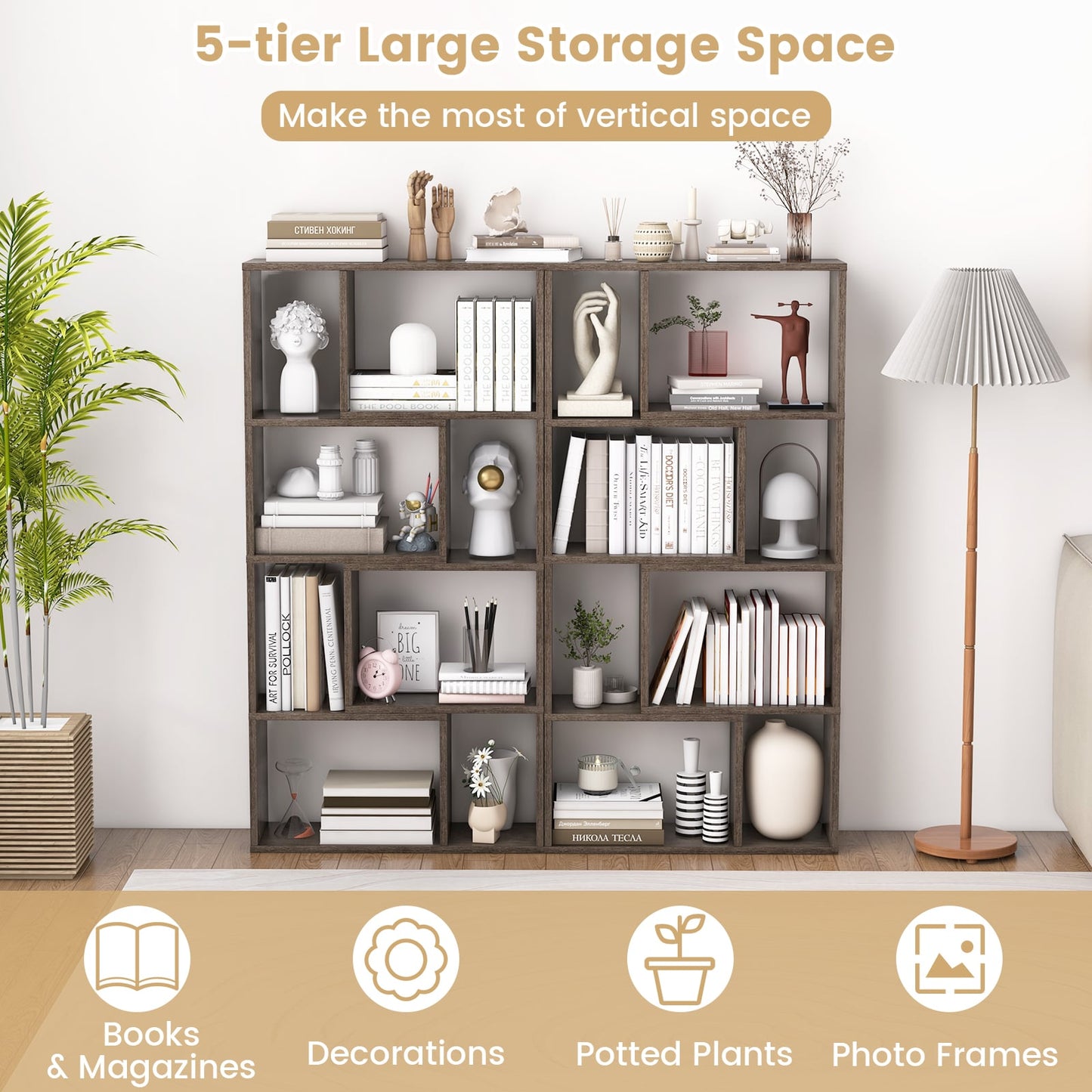 5-Tier Geometric Bookshelf with 8 Cubes Floor Standing Open Display-Grey
