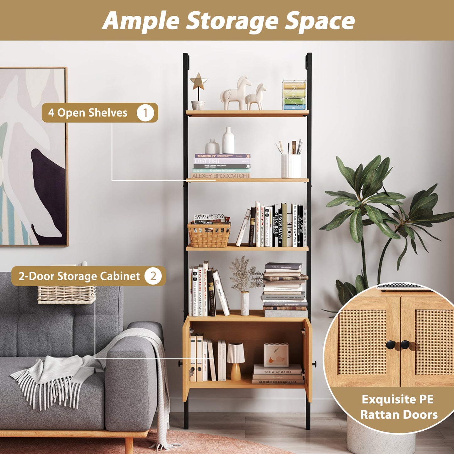 5-Tier Ladder Bookcase with Rattan Cabinet and Metal Frame-Natural