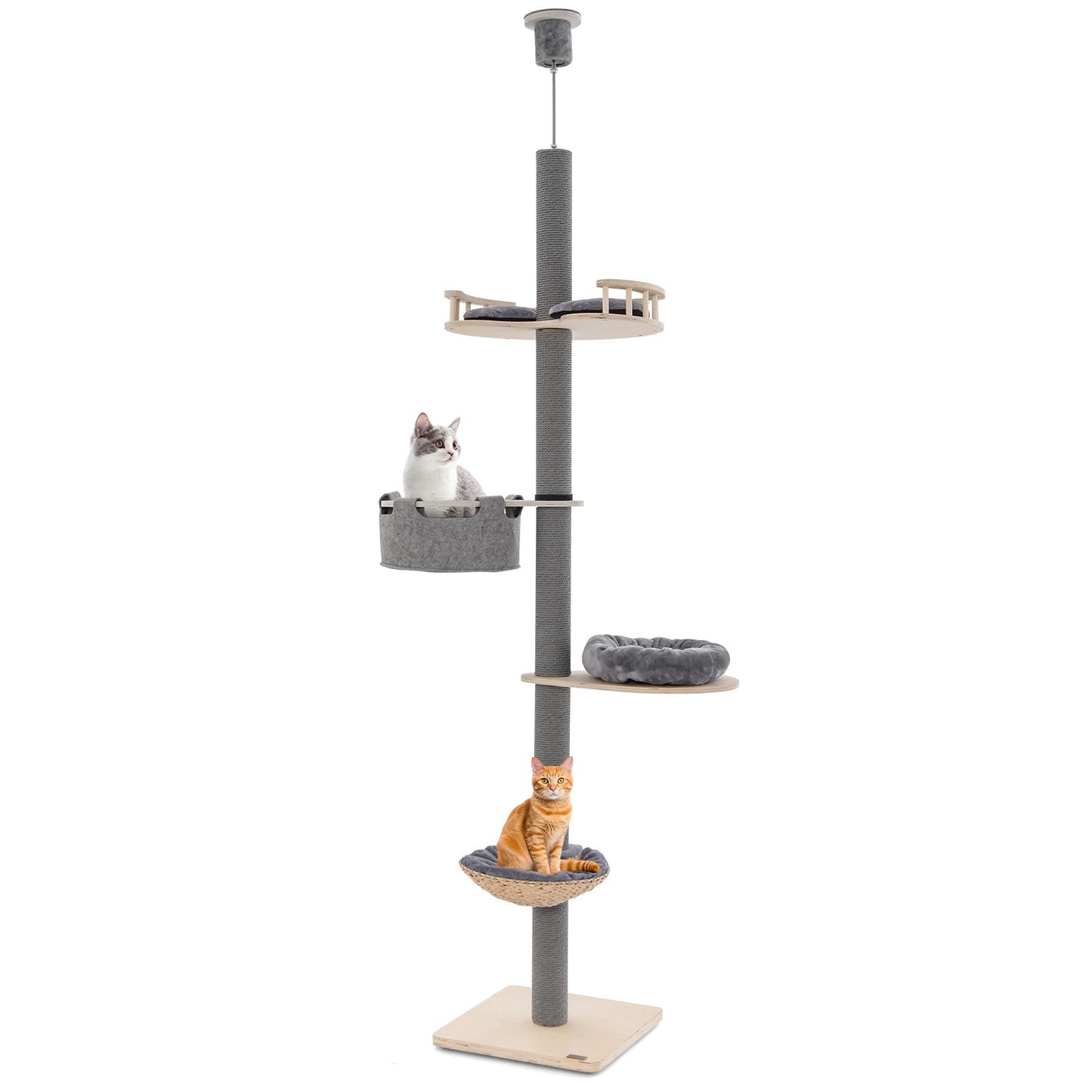 5-Tier Wooden Cat Tower Floor to Ceiling Cat Tree with Adjustable Height-Grey