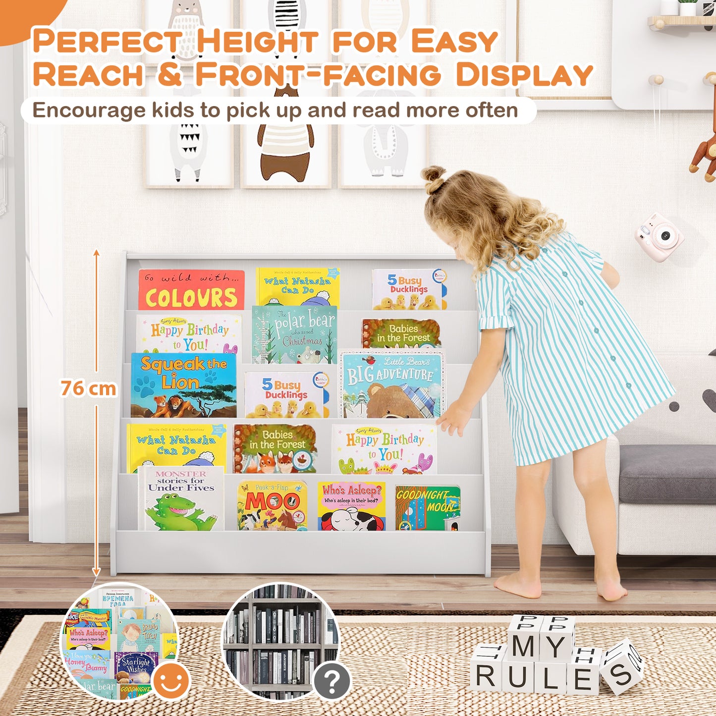 5-Tier Wooden Toddler Book Shelf Stand with Deep Compartments-White