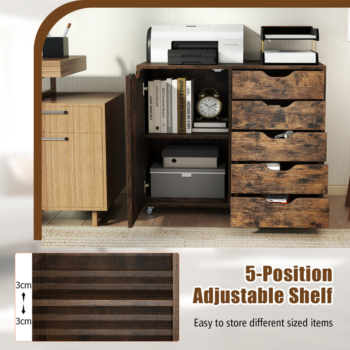 5-Drawer Chest with Door and Adjustable Shelf-Rustic Brown
