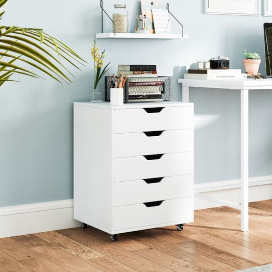Roll container with 5 drawers Mobile filing cabinet with wheels 48 x 39.5 x 65.5 cm White