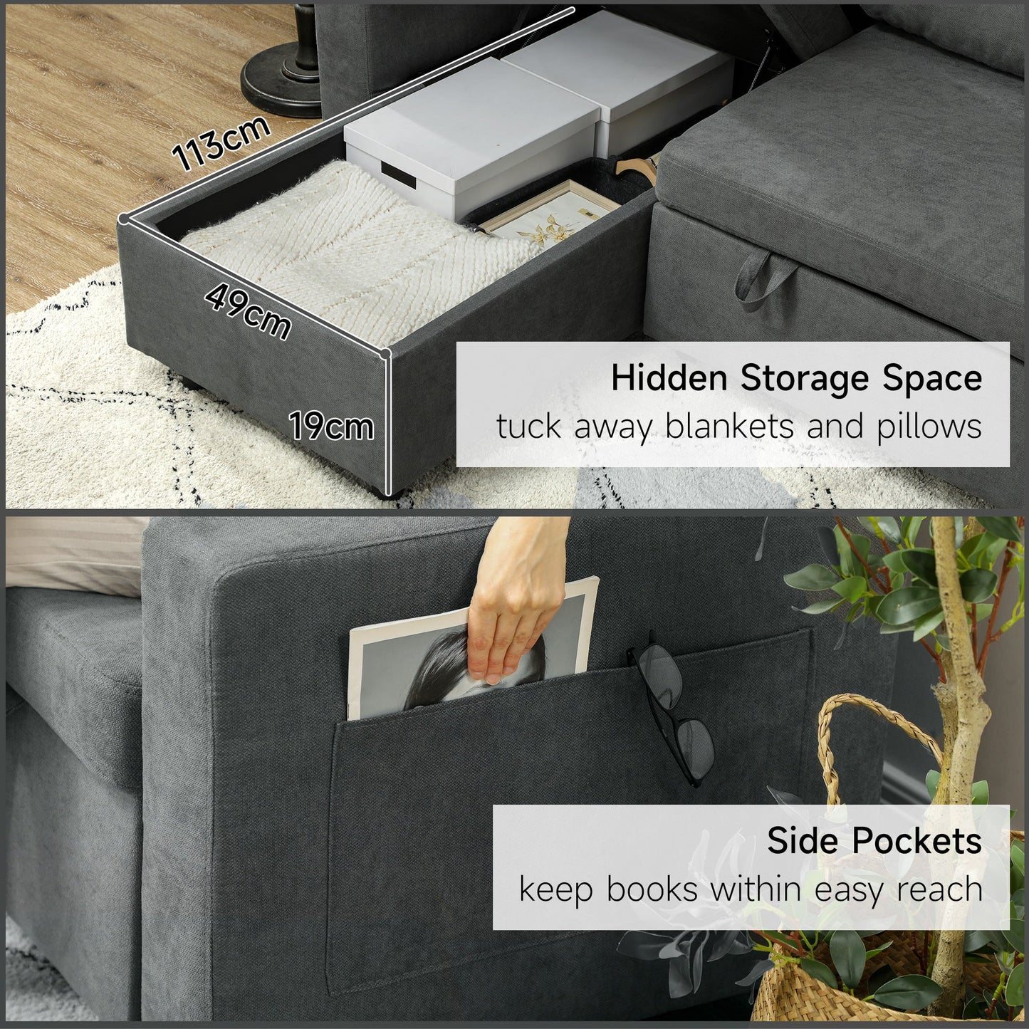 HOMCOM Pull Out Sofa Bed with Storage - Charcoal Grey