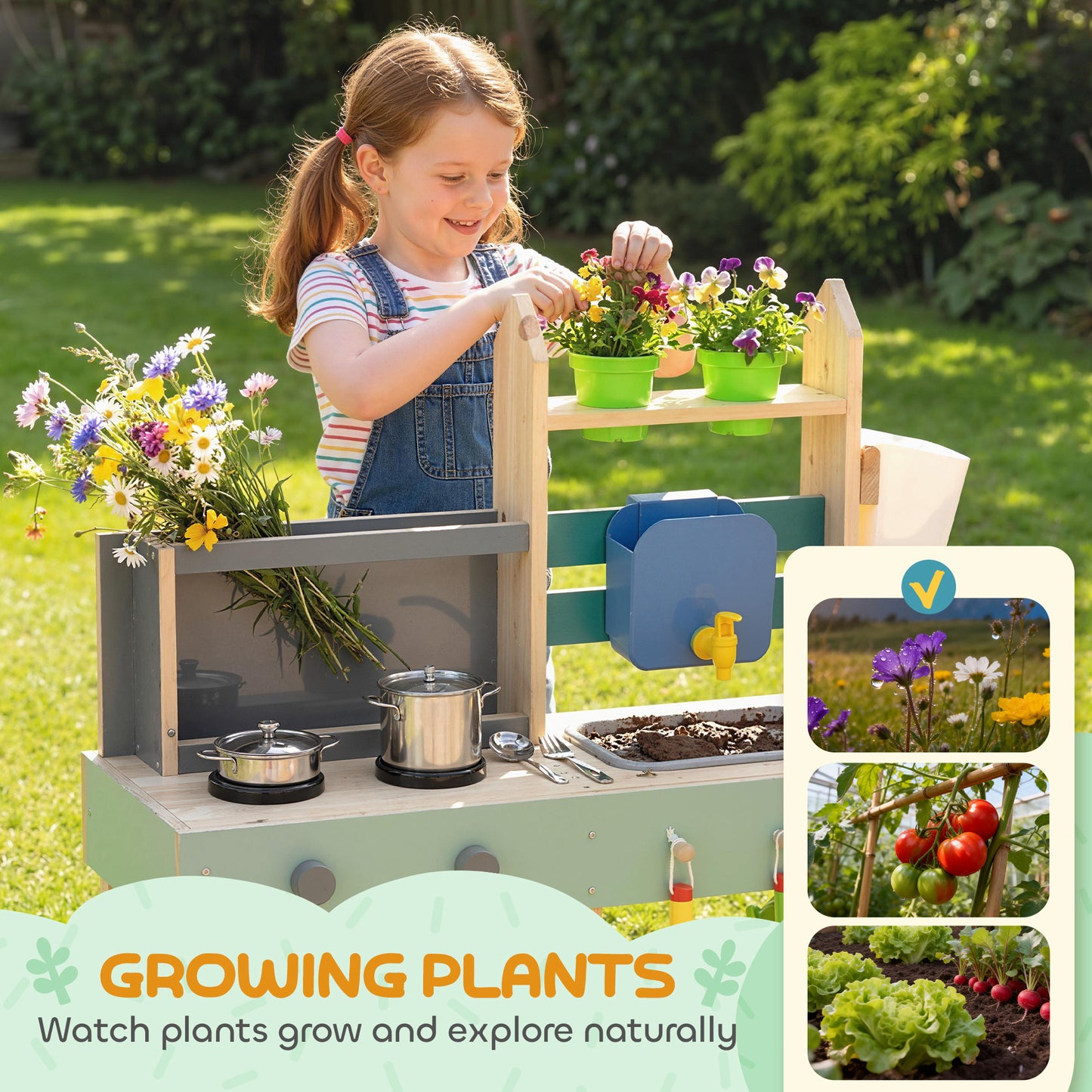 AIYAPLAY Mud Kitchen with Working Faucet, Kids Play Kitchen with Flower Pots, Kitchen Accessories, Planting Tools, Blue
