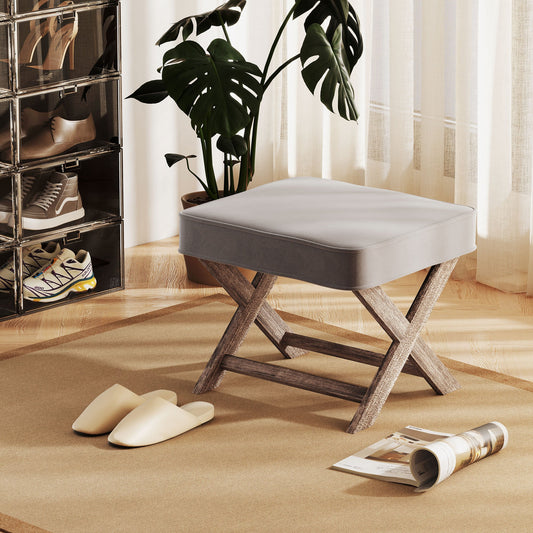 HOMCOM Vintage Footstool Padded Seat X Leg Chair Velvet Cover Shabby Chic Footrest Solid Rubber Wood Frame 49.5 x 45 x 41 cm Grey