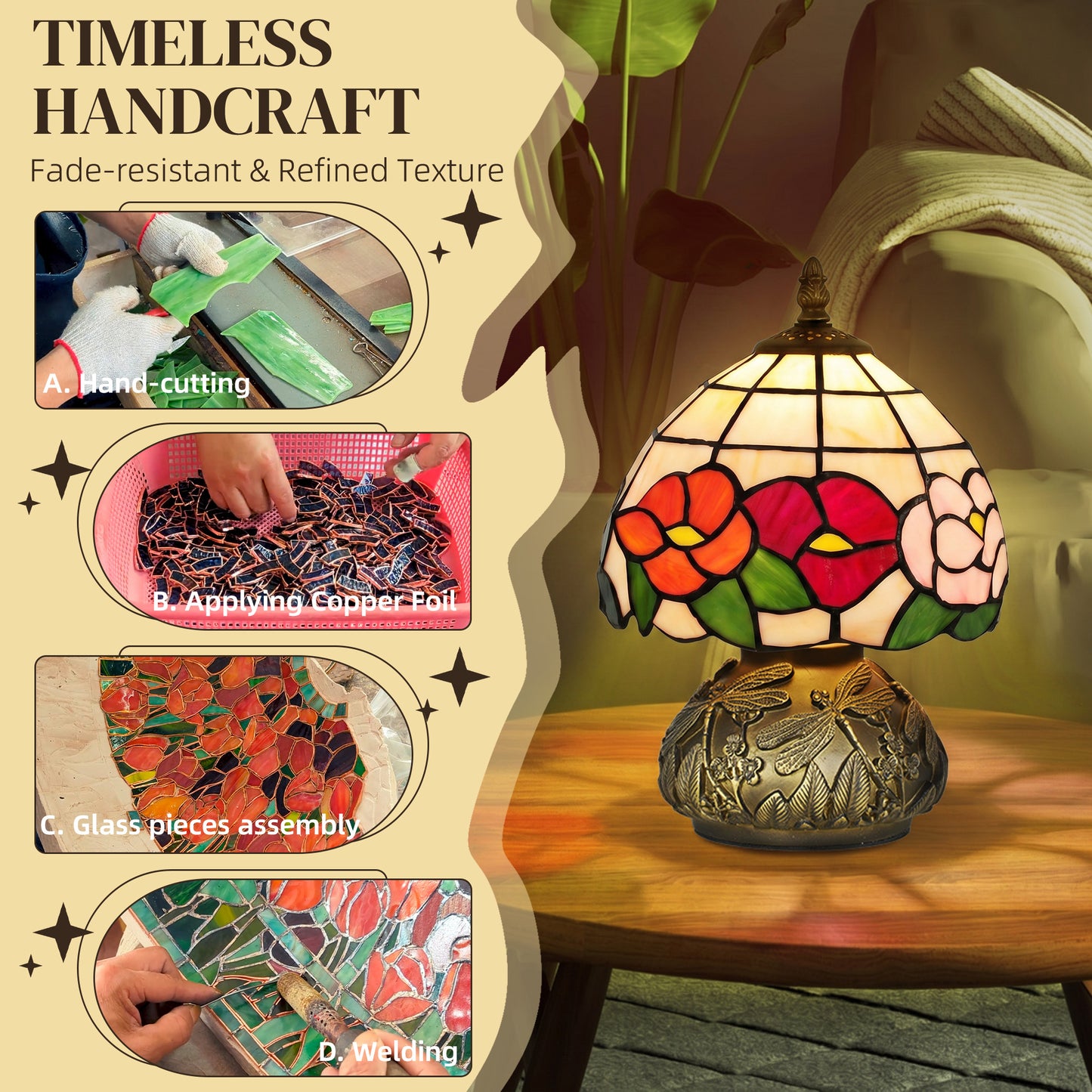 HOMCOM Handcrafted Classic Stained Glass Bedside Lamp, Tiffany-Style Table Lamp with Sculpted Dragonfly Base, Multi-Coloured