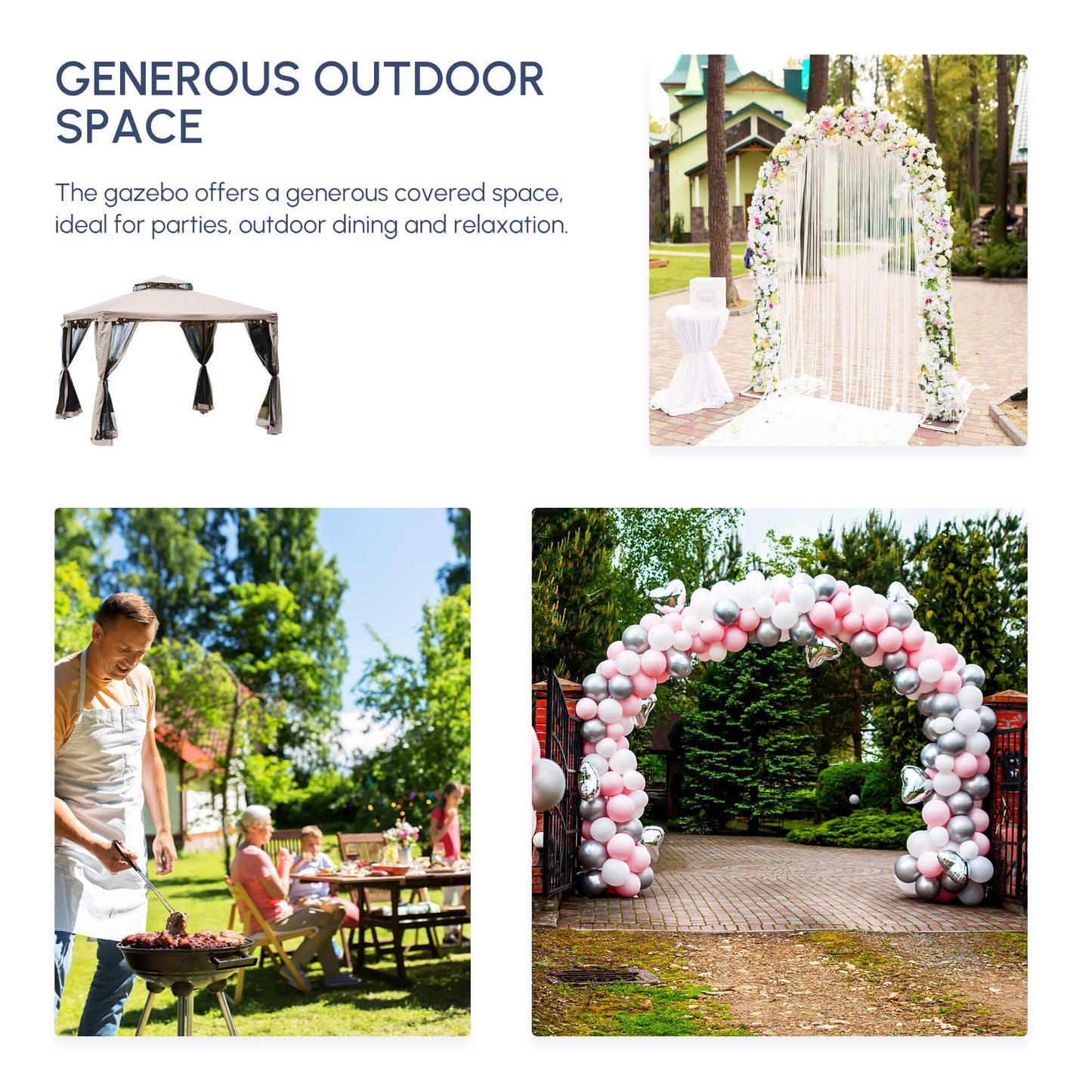 Outsunny Outdoor Gazebo, 2-tier Roof W/Netting, 295L x 295W x 263Hcm-Taupe