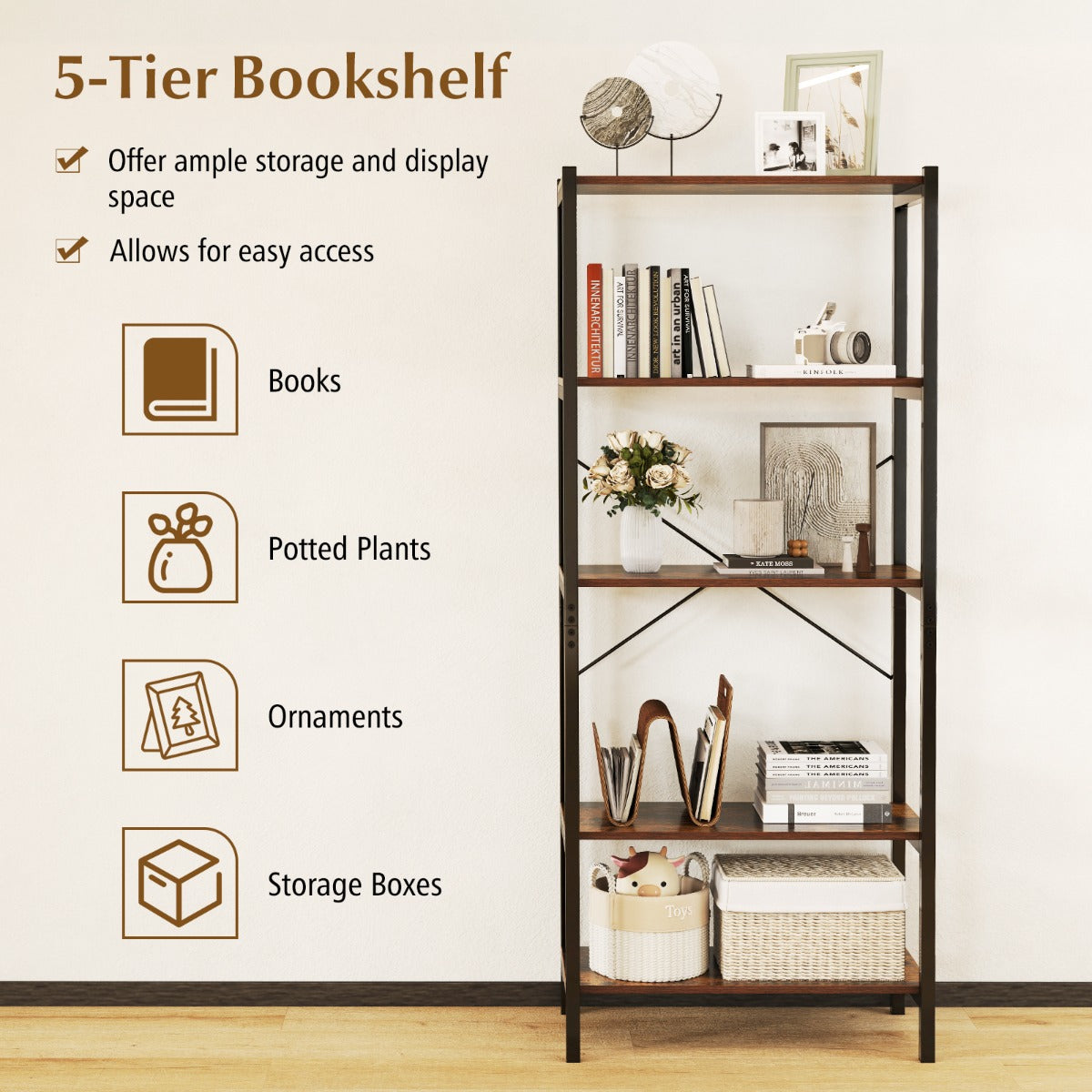 5-Tier Bookshelf Bookcase with Metal Frame and Dual Anti-Tipping Kits-Rustic Brown