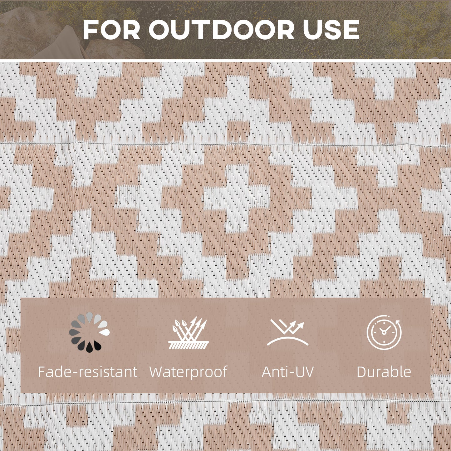 Outsunny Reversible Outdoor RV Rug, Patio Floor Mat, 274 x 182 cm Plastic Straw Rug for Garden, terrace, Beach, Camping, Coffee & White