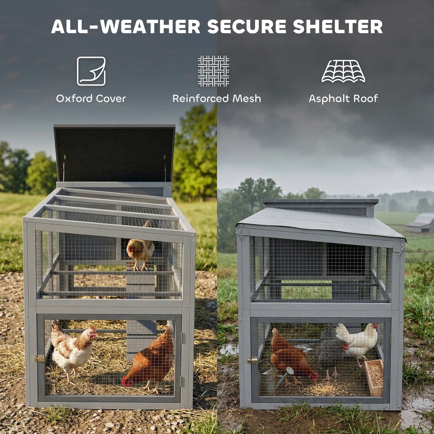 PawHut Large Chicken Coop, Wooden Hen House with Covered Run, Nesting Box, Pull-Out Tray, Opening Asphalt Roof