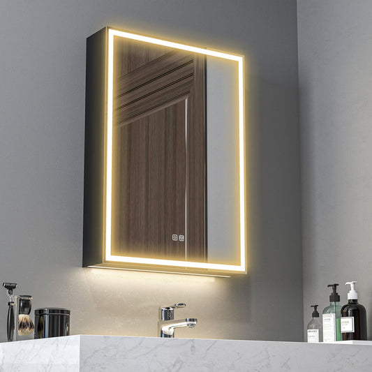 HOMCOM Bathroom Mirror Cabinet with LED Lights and Shaver Socket, 500 x 700 mm Wall Mounted Bathroom Cabinet with Mirror, Demister Pad, Dimmer, 3 Colours, Medicine Cabinet, Black