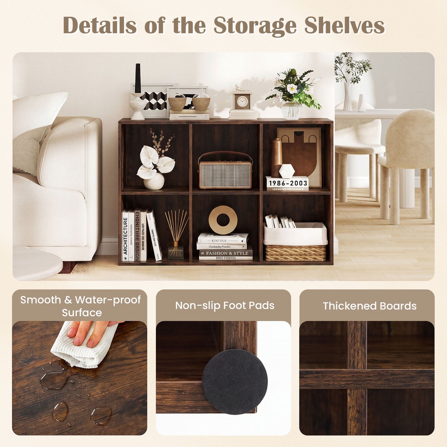 6-Cube Bookcase 3-Tier Storage Organizer with Anti-Tipping Kits for Living Room Study-Coffee