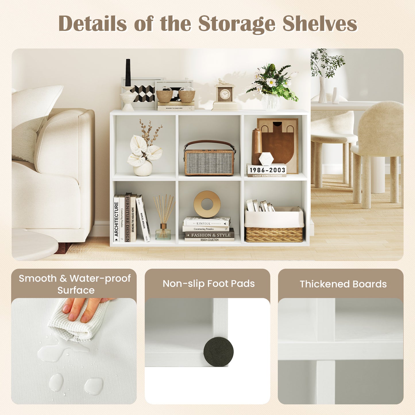 6-Cube Bookcase 3-Tier Storage Organizer with Anti-Tipping Kits for Living Room Study-White