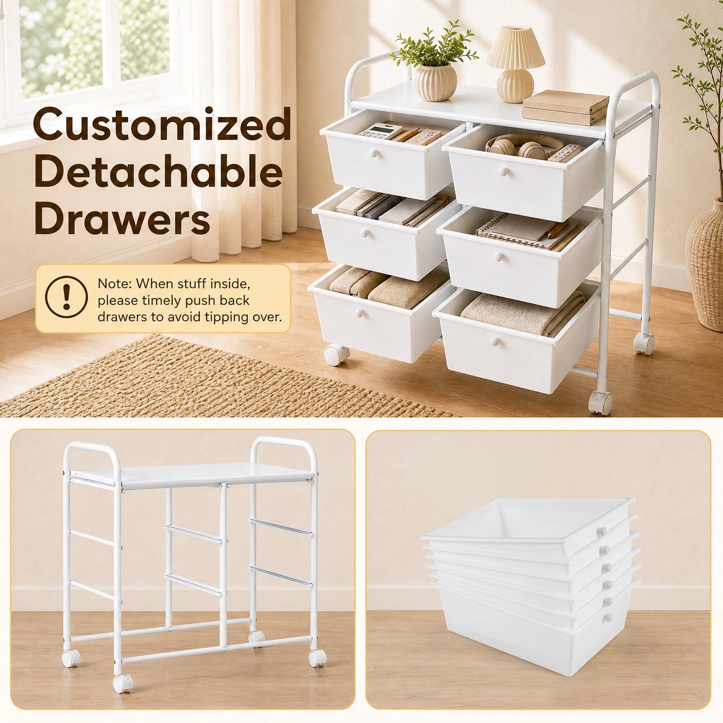6-Drawer Rolling Storage Cart with 4 Universal Wheels and Metal Frame Spacious Tabletop-White