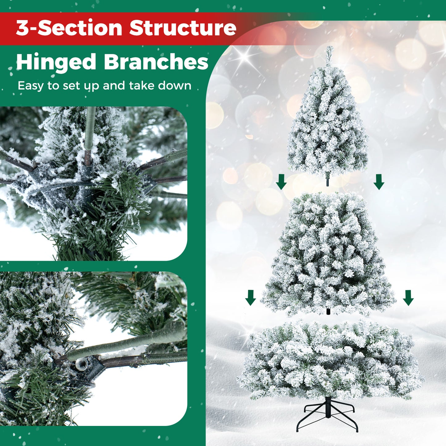 6 FT Snow-Flocked Artificial Christmas Tree with 230 Warm White LED Lights and 928 Branch Tips-Green